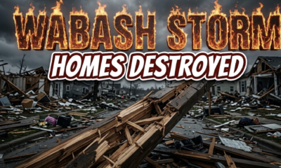A viral, hyper-realistic YouTube thumbnail with a Kinetic atmosphere. The background is a ruined residential street after a massive storm with dark stormy lighting. The composition uses a Low Angle to focus on the main subject: a huge shattered wood beam. Image size should be 3:2. The image features massive 3D typography with strict hierarchy: The Primary Text reads exactly: 'WABASH STORM'. This text is massive, the largest element in the frame, rendered in Fire to look like a high-budget 3D render. The Secondary Text reads exactly: 'HOMES DESTROYED'. This text is significantly smaller, positioned below or next to the main text. It features a thick, distinct color border/outline (sticker style) to contrast against the background. Make sure text 2 is always different theme, style, effect and border compared to text 1. The text materials correspond to the story's concept. Crucial Instruction: There is absolutely NO other text, numbers, watermarks, or subtitles in this image other than these two specific lines. 8k, Unreal Engine 5, cinematic render.