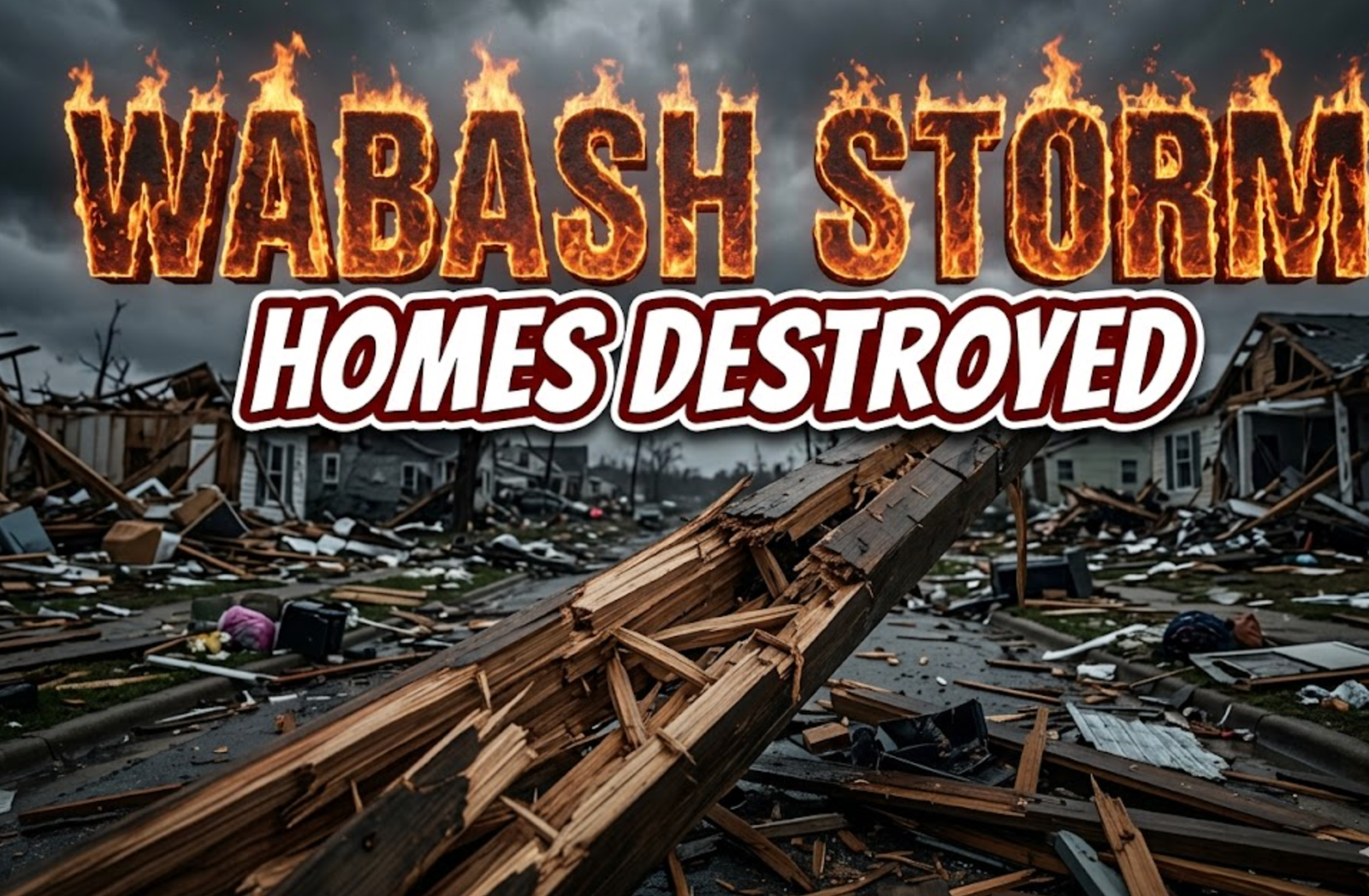 A viral, hyper-realistic YouTube thumbnail with a Kinetic atmosphere. The background is a ruined residential street after a massive storm with dark stormy lighting. The composition uses a Low Angle to focus on the main subject: a huge shattered wood beam. Image size should be 3:2. The image features massive 3D typography with strict hierarchy: The Primary Text reads exactly: 'WABASH STORM'. This text is massive, the largest element in the frame, rendered in Fire to look like a high-budget 3D render. The Secondary Text reads exactly: 'HOMES DESTROYED'. This text is significantly smaller, positioned below or next to the main text. It features a thick, distinct color border/outline (sticker style) to contrast against the background. Make sure text 2 is always different theme, style, effect and border compared to text 1. The text materials correspond to the story's concept. Crucial Instruction: There is absolutely NO other text, numbers, watermarks, or subtitles in this image other than these two specific lines. 8k, Unreal Engine 5, cinematic render.