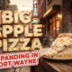 A viral, hyper-realistic YouTube thumbnail with a warm, inviting foodie atmosphere. The background is a bustling urban street corner at golden hour with glowing neon signs reflecting off rain-kissed asphalt and a cozy brick storefront with warm interior light spilling out. The composition uses a low angle to focus on the main subject: a massive, steaming New York-style pizza slice on a classic paper plate, cheese stretching dramatically, sitting on a rustic wooden counter with no human faces visible. Image size should be 3:2. The image features massive 3D typography with strict hierarchy: The Primary Text reads exactly: 'BIG APPLE PIZZA'. This text is massive, the largest element in the frame, rendered in molten mozzarella cheese with golden crispy crust edges to look like a high-budget 3D render. The Secondary Text reads exactly: 'EXPANDING IN FORT WAYNE'. This text is significantly smaller, positioned below the main text. It features a thick red and white checkered border outline in a retro diner sticker style to contrast against the warm background. The text materials correspond to the story's concept. Crucial Instruction: There is absolutely NO other text, numbers, watermarks, or subtitles in this image other than these two specific lines. 8k, Unreal Engine 5, cinematic render.