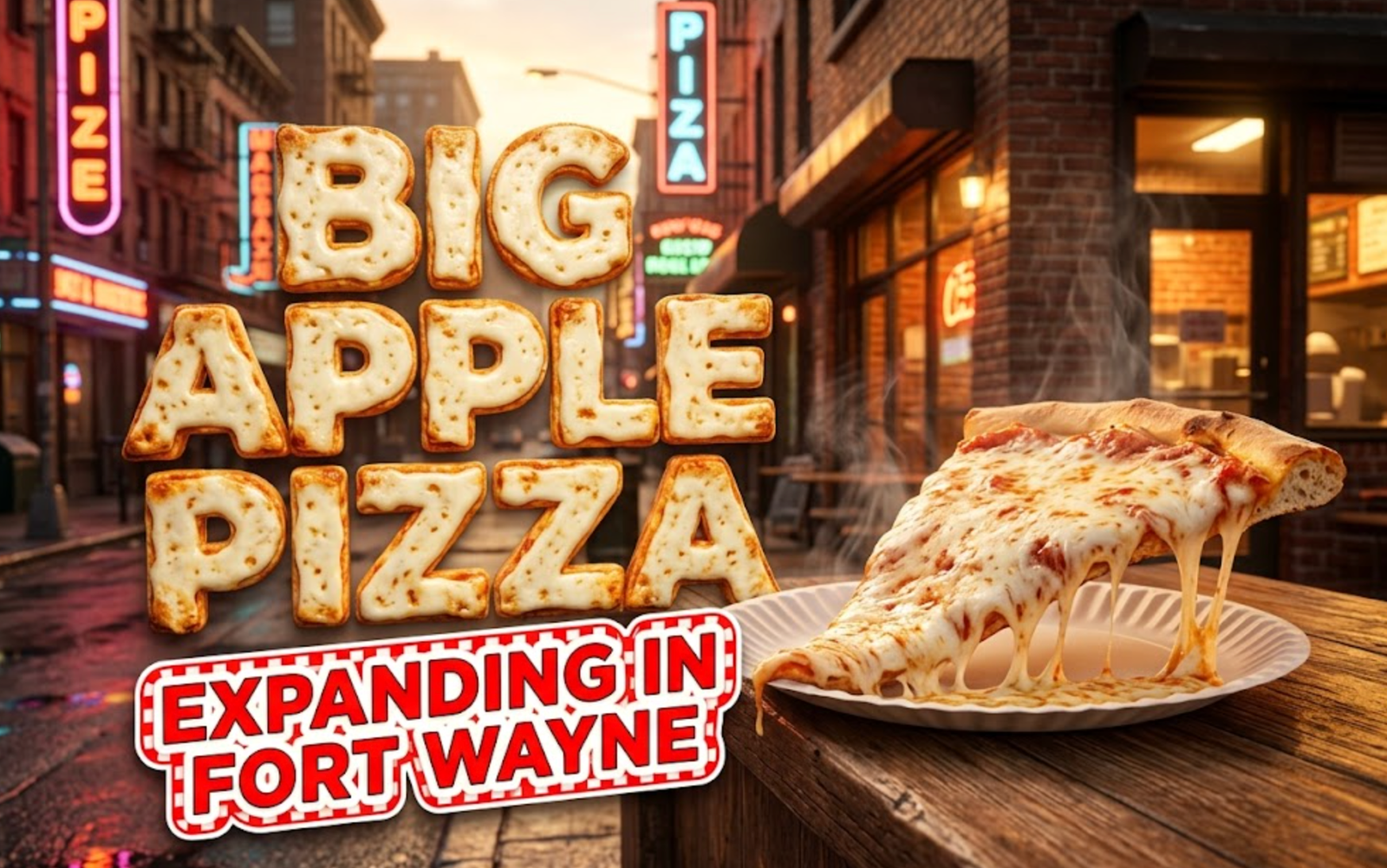 A viral, hyper-realistic YouTube thumbnail with a warm, inviting foodie atmosphere. The background is a bustling urban street corner at golden hour with glowing neon signs reflecting off rain-kissed asphalt and a cozy brick storefront with warm interior light spilling out. The composition uses a low angle to focus on the main subject: a massive, steaming New York-style pizza slice on a classic paper plate, cheese stretching dramatically, sitting on a rustic wooden counter with no human faces visible. Image size should be 3:2. The image features massive 3D typography with strict hierarchy: The Primary Text reads exactly: 'BIG APPLE PIZZA'. This text is massive, the largest element in the frame, rendered in molten mozzarella cheese with golden crispy crust edges to look like a high-budget 3D render. The Secondary Text reads exactly: 'EXPANDING IN FORT WAYNE'. This text is significantly smaller, positioned below the main text. It features a thick red and white checkered border outline in a retro diner sticker style to contrast against the warm background. The text materials correspond to the story's concept. Crucial Instruction: There is absolutely NO other text, numbers, watermarks, or subtitles in this image other than these two specific lines. 8k, Unreal Engine 5, cinematic render.