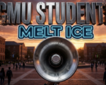 A viral, hyper realistic YouTube thumbnail with a tense, rebellious atmosphere. The background is a detailed university campus plaza with dramatic sunset lighting. The composition uses a Low Angle to focus on the main subject: a highly detailed, faceless metal megaphone. Image size should be 3:2. The image features massive 3D typography with strict hierarchy: The Primary Text reads exactly: 'CMU STUDENTS'. This text is massive, the largest element in the frame, rendered in brushed steel with sparks flying to look like a high budget 3D render. The Secondary Text reads exactly: 'MELT ICE'. This text is significantly smaller, positioned below or next to the main text. It features a thick, distinct neon blue outline sticker style to contrast against the background. Make sure text 2 is always different theme, style, effect and border compared to text 1. The text materials correspond to the story's concept. Crucial Instruction: There is absolutely NO other text, numbers, watermarks, or subtitles in this image other than these two specific lines. 8k, Unreal Engine 5, cinematic render.
