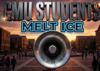 A viral, hyper realistic YouTube thumbnail with a tense, rebellious atmosphere. The background is a detailed university campus plaza with dramatic sunset lighting. The composition uses a Low Angle to focus on the main subject: a highly detailed, faceless metal megaphone. Image size should be 3:2. The image features massive 3D typography with strict hierarchy: The Primary Text reads exactly: 'CMU STUDENTS'. This text is massive, the largest element in the frame, rendered in brushed steel with sparks flying to look like a high budget 3D render. The Secondary Text reads exactly: 'MELT ICE'. This text is significantly smaller, positioned below or next to the main text. It features a thick, distinct neon blue outline sticker style to contrast against the background. Make sure text 2 is always different theme, style, effect and border compared to text 1. The text materials correspond to the story's concept. Crucial Instruction: There is absolutely NO other text, numbers, watermarks, or subtitles in this image other than these two specific lines. 8k, Unreal Engine 5, cinematic render.