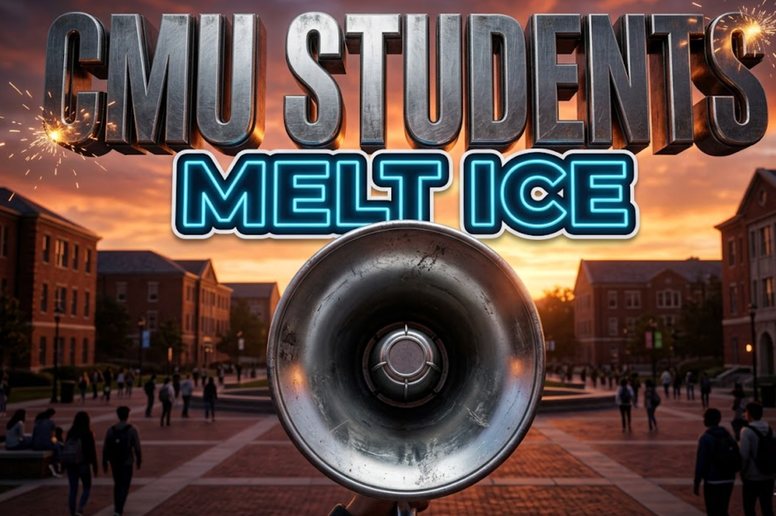 A viral, hyper realistic YouTube thumbnail with a tense, rebellious atmosphere. The background is a detailed university campus plaza with dramatic sunset lighting. The composition uses a Low Angle to focus on the main subject: a highly detailed, faceless metal megaphone. Image size should be 3:2. The image features massive 3D typography with strict hierarchy: The Primary Text reads exactly: 'CMU STUDENTS'. This text is massive, the largest element in the frame, rendered in brushed steel with sparks flying to look like a high budget 3D render. The Secondary Text reads exactly: 'MELT ICE'. This text is significantly smaller, positioned below or next to the main text. It features a thick, distinct neon blue outline sticker style to contrast against the background. Make sure text 2 is always different theme, style, effect and border compared to text 1. The text materials correspond to the story's concept. Crucial Instruction: There is absolutely NO other text, numbers, watermarks, or subtitles in this image other than these two specific lines. 8k, Unreal Engine 5, cinematic render.