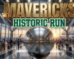 A viral, hyper-realistic YouTube thumbnail with a Kinetic atmosphere. The background is a Detailed Airport Terminal matching the story with Spotlights. The composition uses a Low Angle to focus on the main subject: a Detailed Faceless Basketball. Image size should be 3:2. The image features massive 3D typography with strict hierarchy: The Primary Text reads exactly: 'MAVERICKS'. This text is massive, the largest element in the frame, rendered in Gold to look like a high-budget 3D render. The Secondary Text reads exactly: 'HISTORIC RUN'. This text is significantly smaller, positioned below or next to the main text. It features a thick, distinct color border/outline (sticker style) to contrast against the background. Make sure text 2 is always different theme, style, effect and border compared to text 1. The text materials correspond to the story's concept. Crucial Instruction: There is absolutely NO other text, numbers, watermarks, or subtitles in this image other than these two specific lines. 8k, Unreal Engine 5, cinematic render.