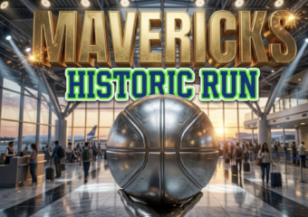 A viral, hyper-realistic YouTube thumbnail with a Kinetic atmosphere. The background is a Detailed Airport Terminal matching the story with Spotlights. The composition uses a Low Angle to focus on the main subject: a Detailed Faceless Basketball. Image size should be 3:2. The image features massive 3D typography with strict hierarchy: The Primary Text reads exactly: 'MAVERICKS'. This text is massive, the largest element in the frame, rendered in Gold to look like a high-budget 3D render. The Secondary Text reads exactly: 'HISTORIC RUN'. This text is significantly smaller, positioned below or next to the main text. It features a thick, distinct color border/outline (sticker style) to contrast against the background. Make sure text 2 is always different theme, style, effect and border compared to text 1. The text materials correspond to the story's concept. Crucial Instruction: There is absolutely NO other text, numbers, watermarks, or subtitles in this image other than these two specific lines. 8k, Unreal Engine 5, cinematic render.