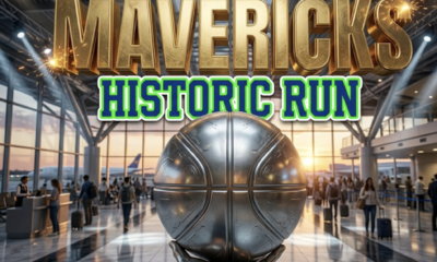 A viral, hyper-realistic YouTube thumbnail with a Kinetic atmosphere. The background is a Detailed Airport Terminal matching the story with Spotlights. The composition uses a Low Angle to focus on the main subject: a Detailed Faceless Basketball. Image size should be 3:2. The image features massive 3D typography with strict hierarchy: The Primary Text reads exactly: 'MAVERICKS'. This text is massive, the largest element in the frame, rendered in Gold to look like a high-budget 3D render. The Secondary Text reads exactly: 'HISTORIC RUN'. This text is significantly smaller, positioned below or next to the main text. It features a thick, distinct color border/outline (sticker style) to contrast against the background. Make sure text 2 is always different theme, style, effect and border compared to text 1. The text materials correspond to the story's concept. Crucial Instruction: There is absolutely NO other text, numbers, watermarks, or subtitles in this image other than these two specific lines. 8k, Unreal Engine 5, cinematic render.