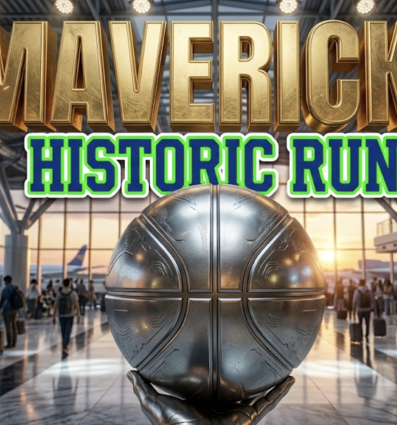 A viral, hyper-realistic YouTube thumbnail with a Kinetic atmosphere. The background is a Detailed Airport Terminal matching the story with Spotlights. The composition uses a Low Angle to focus on the main subject: a Detailed Faceless Basketball. Image size should be 3:2. The image features massive 3D typography with strict hierarchy: The Primary Text reads exactly: 'MAVERICKS'. This text is massive, the largest element in the frame, rendered in Gold to look like a high-budget 3D render. The Secondary Text reads exactly: 'HISTORIC RUN'. This text is significantly smaller, positioned below or next to the main text. It features a thick, distinct color border/outline (sticker style) to contrast against the background. Make sure text 2 is always different theme, style, effect and border compared to text 1. The text materials correspond to the story's concept. Crucial Instruction: There is absolutely NO other text, numbers, watermarks, or subtitles in this image other than these two specific lines. 8k, Unreal Engine 5, cinematic render.
