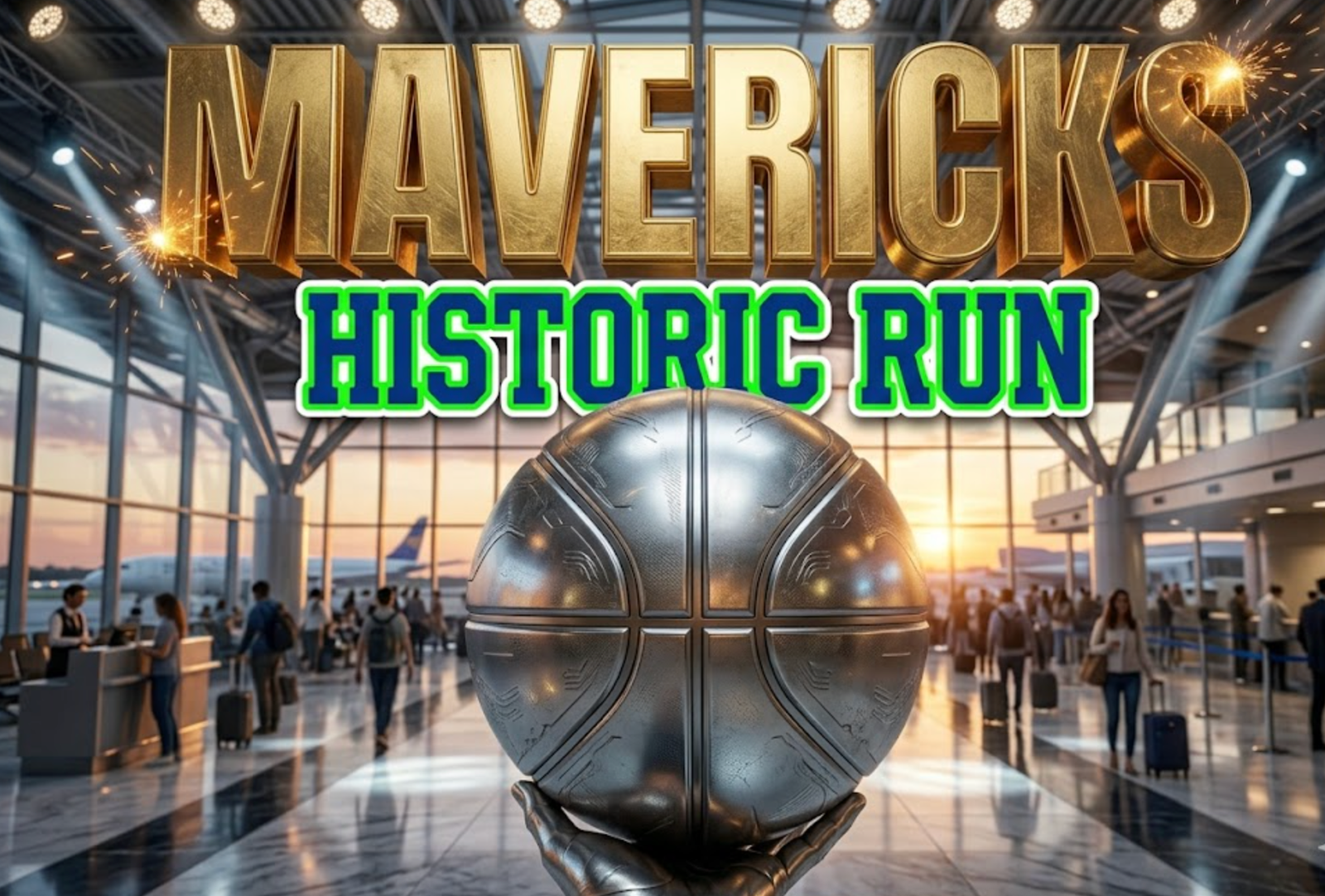 A viral, hyper-realistic YouTube thumbnail with a Kinetic atmosphere. The background is a Detailed Airport Terminal matching the story with Spotlights. The composition uses a Low Angle to focus on the main subject: a Detailed Faceless Basketball. Image size should be 3:2. The image features massive 3D typography with strict hierarchy: The Primary Text reads exactly: 'MAVERICKS'. This text is massive, the largest element in the frame, rendered in Gold to look like a high-budget 3D render. The Secondary Text reads exactly: 'HISTORIC RUN'. This text is significantly smaller, positioned below or next to the main text. It features a thick, distinct color border/outline (sticker style) to contrast against the background. Make sure text 2 is always different theme, style, effect and border compared to text 1. The text materials correspond to the story's concept. Crucial Instruction: There is absolutely NO other text, numbers, watermarks, or subtitles in this image other than these two specific lines. 8k, Unreal Engine 5, cinematic render.