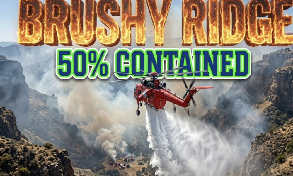 A viral, hyper-realistic YouTube thumbnail with a Kinetic atmosphere. The background is a Detailed rugged wildland canyon with bright midday sunlight piercing through light residual smoke. The composition uses a High Angle to focus on the main subject: a Detailed Faceless bright red fire fighting helicopter dropping water. Image size should be 3:2. The image features massive 3D typography with strict hierarchy: The Primary Text reads exactly: 'BRUSHY RIDGE'. This text is massive, the largest element in the frame, rendered in Glowing Fire to look like a high-budget 3D render. The Secondary Text reads exactly: '50% CONTAINED'. This text is significantly smaller, positioned below or next to the main text. It features a thick, distinct color border/outline (sticker style) to contrast against the background. Make sure text 2 is always different theme, style, effect and border compared to text 1.