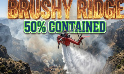A viral, hyper-realistic YouTube thumbnail with a Kinetic atmosphere. The background is a Detailed rugged wildland canyon with bright midday sunlight piercing through light residual smoke. The composition uses a High Angle to focus on the main subject: a Detailed Faceless bright red fire fighting helicopter dropping water. Image size should be 3:2. The image features massive 3D typography with strict hierarchy: The Primary Text reads exactly: 'BRUSHY RIDGE'. This text is massive, the largest element in the frame, rendered in Glowing Fire to look like a high-budget 3D render. The Secondary Text reads exactly: '50% CONTAINED'. This text is significantly smaller, positioned below or next to the main text. It features a thick, distinct color border/outline (sticker style) to contrast against the background. Make sure text 2 is always different theme, style, effect and border compared to text 1.