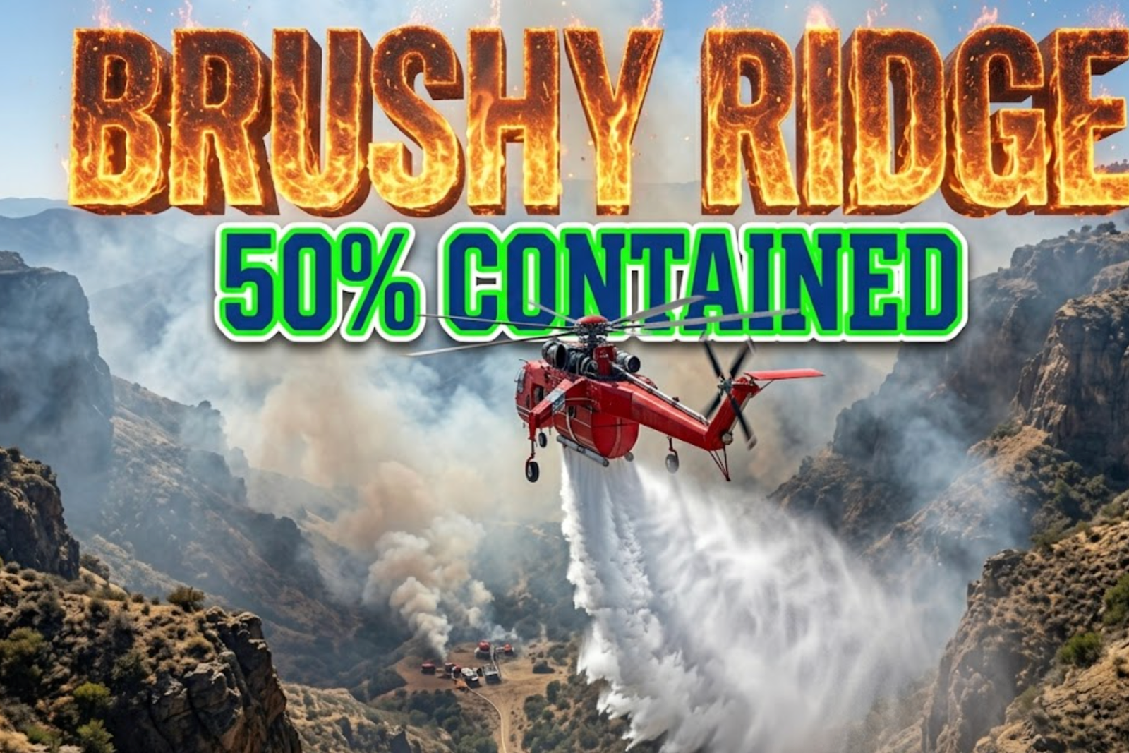 A viral, hyper-realistic YouTube thumbnail with a Kinetic atmosphere. The background is a Detailed rugged wildland canyon with bright midday sunlight piercing through light residual smoke. The composition uses a High Angle to focus on the main subject: a Detailed Faceless bright red fire fighting helicopter dropping water. Image size should be 3:2. The image features massive 3D typography with strict hierarchy: The Primary Text reads exactly: 'BRUSHY RIDGE'. This text is massive, the largest element in the frame, rendered in Glowing Fire to look like a high-budget 3D render. The Secondary Text reads exactly: '50% CONTAINED'. This text is significantly smaller, positioned below or next to the main text. It features a thick, distinct color border/outline (sticker style) to contrast against the background. Make sure text 2 is always different theme, style, effect and border compared to text 1.