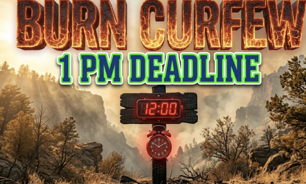 A viral, hyper realistic YouTube thumbnail with a high stakes emergency atmosphere. The background is a parched dry Colorado forest landscape with dramatic golden hour sunlight filtering through light smoke. The composition uses a Low Angle to focus on the main subject: a detailed faceless charred wooden signpost with a glowing red alarm clock attached to it. Image size should be 3:2. The image features massive 3D typography with strict hierarchy: The Primary Text reads exactly: 'BURN CURFEW'. This text is massive, the largest element in the frame, rendered in glowing hot embers to look like a high budget 3D render. The Secondary Text reads exactly: '1 PM DEADLINE'. This text is significantly smaller, positioned below or next to the main text. It features a thick, distinct color border/outline (sticker style) to contrast against the background. Make sure text 2 is always different theme, style, effect and border compared to text 1.