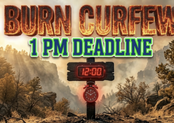 A viral, hyper realistic YouTube thumbnail with a high stakes emergency atmosphere. The background is a parched dry Colorado forest landscape with dramatic golden hour sunlight filtering through light smoke. The composition uses a Low Angle to focus on the main subject: a detailed faceless charred wooden signpost with a glowing red alarm clock attached to it. Image size should be 3:2. The image features massive 3D typography with strict hierarchy: The Primary Text reads exactly: 'BURN CURFEW'. This text is massive, the largest element in the frame, rendered in glowing hot embers to look like a high budget 3D render. The Secondary Text reads exactly: '1 PM DEADLINE'. This text is significantly smaller, positioned below or next to the main text. It features a thick, distinct color border/outline (sticker style) to contrast against the background. Make sure text 2 is always different theme, style, effect and border compared to text 1.
