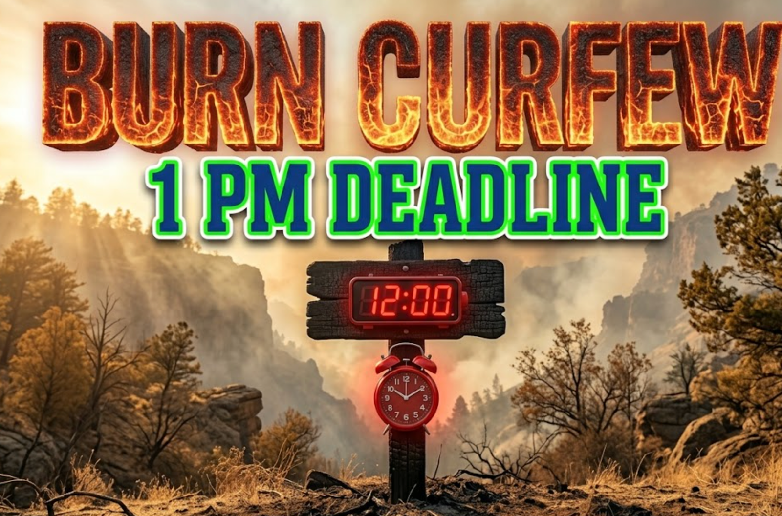 A viral, hyper realistic YouTube thumbnail with a high stakes emergency atmosphere. The background is a parched dry Colorado forest landscape with dramatic golden hour sunlight filtering through light smoke. The composition uses a Low Angle to focus on the main subject: a detailed faceless charred wooden signpost with a glowing red alarm clock attached to it. Image size should be 3:2. The image features massive 3D typography with strict hierarchy: The Primary Text reads exactly: 'BURN CURFEW'. This text is massive, the largest element in the frame, rendered in glowing hot embers to look like a high budget 3D render. The Secondary Text reads exactly: '1 PM DEADLINE'. This text is significantly smaller, positioned below or next to the main text. It features a thick, distinct color border/outline (sticker style) to contrast against the background. Make sure text 2 is always different theme, style, effect and border compared to text 1.