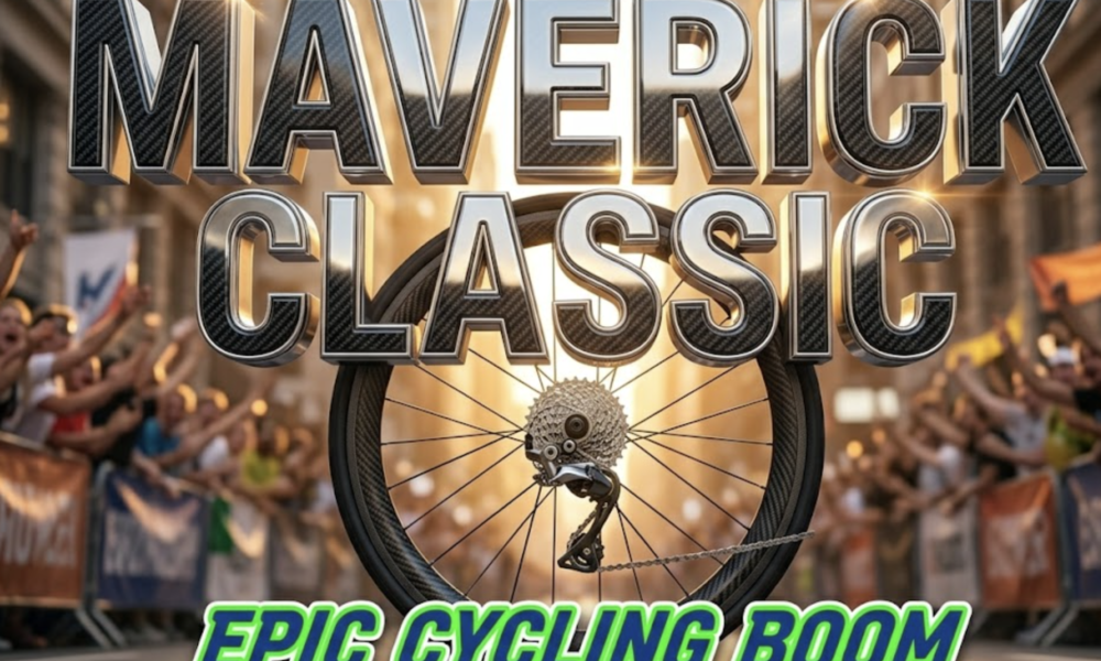 A viral, hyper-realistic YouTube thumbnail with a Kinetic Sports atmosphere. The background is a blurred out bustling downtown street with cheering crowds with golden hour sunlight. The composition uses a Low Angle to focus on the main subject: a sleek professional racing bicycle wheel and metallic gears. Image size should be 3:2. The image features massive 3D typography with strict hierarchy: The Primary Text reads exactly: 'MAVERICK CLASSIC'. This text is massive, the largest element in the frame, rendered in gleaming Chrome and Carbon Fiber to look like a high-budget 3D render. The Secondary Text reads exactly: 'EPIC CYCLING BOOM'. This text is significantly smaller, positioned below or next to the main text. It features a thick, distinct color border/outline (sticker style) to contrast against the background. Make sure text 2 is always different theme, style, effect and border compared to text 1.