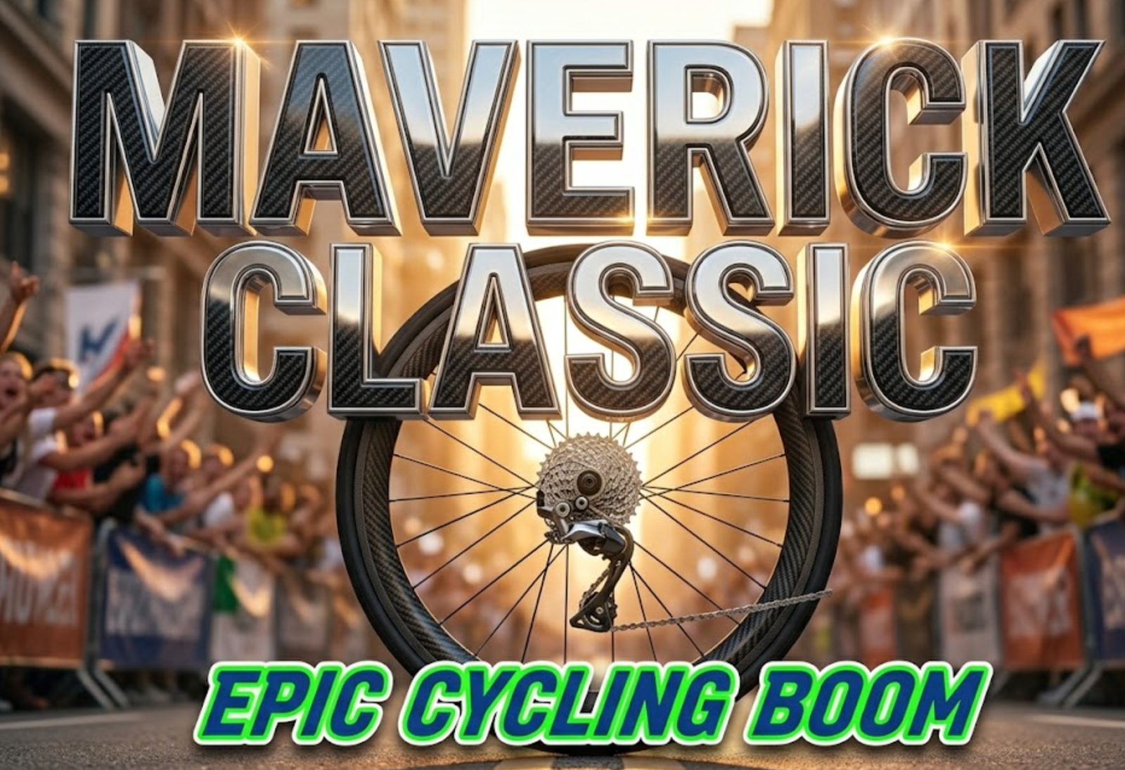 A viral, hyper-realistic YouTube thumbnail with a Kinetic Sports atmosphere. The background is a blurred out bustling downtown street with cheering crowds with golden hour sunlight. The composition uses a Low Angle to focus on the main subject: a sleek professional racing bicycle wheel and metallic gears. Image size should be 3:2. The image features massive 3D typography with strict hierarchy: The Primary Text reads exactly: 'MAVERICK CLASSIC'. This text is massive, the largest element in the frame, rendered in gleaming Chrome and Carbon Fiber to look like a high-budget 3D render. The Secondary Text reads exactly: 'EPIC CYCLING BOOM'. This text is significantly smaller, positioned below or next to the main text. It features a thick, distinct color border/outline (sticker style) to contrast against the background. Make sure text 2 is always different theme, style, effect and border compared to text 1.