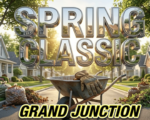 A viral, hyper-realistic YouTube thumbnail with a bright, sunny community atmosphere. The background is a clean suburban street lined with neat yard waste piles with warm morning sunlight. The composition uses a low angle to focus on the main subject: a detailed pair of heavy leather work gloves resting on a metal wheelbarrow. Image size should be 3:2. The image features massive 3D typography with strict hierarchy: The Primary Text reads exactly: 'SPRING CLEANUP'. This text is massive, the largest element in the frame, rendered in bright polished chrome to look like a high-budget 3D render. The Secondary Text reads exactly: 'GRAND JUNCTION'. This text is significantly smaller, positioned below or next to the main text. It features a thick, distinct bright yellow border outline sticker style to contrast against the background. Make sure text 2 is always different theme, style, effect and border compared to text 1. The text materials correspond to the story's concept. Crucial Instruction: There is absolutely NO other text, numbers, watermarks, or subtitles in this image other than these two specific lines. 8k, Unreal Engine 5, cinematic render.