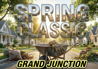 A viral, hyper-realistic YouTube thumbnail with a bright, sunny community atmosphere. The background is a clean suburban street lined with neat yard waste piles with warm morning sunlight. The composition uses a low angle to focus on the main subject: a detailed pair of heavy leather work gloves resting on a metal wheelbarrow. Image size should be 3:2. The image features massive 3D typography with strict hierarchy: The Primary Text reads exactly: 'SPRING CLEANUP'. This text is massive, the largest element in the frame, rendered in bright polished chrome to look like a high-budget 3D render. The Secondary Text reads exactly: 'GRAND JUNCTION'. This text is significantly smaller, positioned below or next to the main text. It features a thick, distinct bright yellow border outline sticker style to contrast against the background. Make sure text 2 is always different theme, style, effect and border compared to text 1. The text materials correspond to the story's concept. Crucial Instruction: There is absolutely NO other text, numbers, watermarks, or subtitles in this image other than these two specific lines. 8k, Unreal Engine 5, cinematic render.