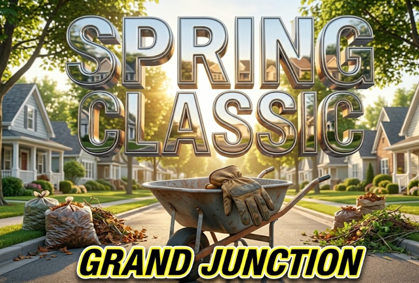 A viral, hyper-realistic YouTube thumbnail with a bright, sunny community atmosphere. The background is a clean suburban street lined with neat yard waste piles with warm morning sunlight. The composition uses a low angle to focus on the main subject: a detailed pair of heavy leather work gloves resting on a metal wheelbarrow. Image size should be 3:2.
The image features massive 3D typography with strict hierarchy:
The Primary Text reads exactly: 'SPRING CLEANUP'. This text is massive, the largest element in the frame, rendered in bright polished chrome to look like a high-budget 3D render.
The Secondary Text reads exactly: 'GRAND JUNCTION'. This text is significantly smaller, positioned below or next to the main text. It features a thick, distinct bright yellow border outline sticker style to contrast against the background. Make sure text 2 is always different theme, style, effect and border compared to text 1.
The text materials correspond to the story's concept. Crucial Instruction: There is absolutely NO other text, numbers, watermarks, or subtitles in this image other than these two specific lines. 8k, Unreal Engine 5, cinematic render.