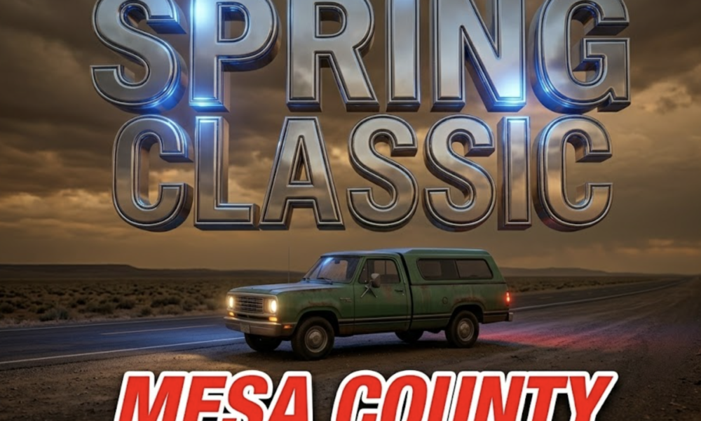 A viral, hyper-realistic YouTube thumbnail with a tense, urgent breaking-news atmosphere. The background is a vast western Colorado desert highway stretching into the distance under a dramatic overcast sky with deep amber and grey tones, with emergency blue and red light reflections subtly bouncing off the asphalt. The composition uses a low angle to focus on the main subject: a weathered green pickup truck with a matching camper shell parked alone on the shoulder of the empty highway, its headlights glowing faintly in the dim light. Image size should be 3:2. The image features massive 3D typography with strict hierarchy: The Primary Text reads exactly: 'SILVER ALERT'. This text is massive, the largest element in the frame, rendered in reflective chrome with sharp blue emergency-light highlights to look like a high-budget 3D render. The Secondary Text reads exactly: 'MESA COUNTY'. This text is significantly smaller, positioned below the main text. It features a thick, bright red border and outline in a sticker style to contrast sharply against the moody background. The text materials correspond to the story's urgent, life-at-stake concept. Crucial Instruction: There is absolutely NO other text, numbers, watermarks, or subtitles in this image other than these two specific lines. 8k, Unreal Engine 5, cinematic render.