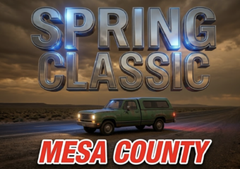 A viral, hyper-realistic YouTube thumbnail with a tense, urgent breaking-news atmosphere. The background is a vast western Colorado desert highway stretching into the distance under a dramatic overcast sky with deep amber and grey tones, with emergency blue and red light reflections subtly bouncing off the asphalt. The composition uses a low angle to focus on the main subject: a weathered green pickup truck with a matching camper shell parked alone on the shoulder of the empty highway, its headlights glowing faintly in the dim light. Image size should be 3:2. The image features massive 3D typography with strict hierarchy: The Primary Text reads exactly: 'SILVER ALERT'. This text is massive, the largest element in the frame, rendered in reflective chrome with sharp blue emergency-light highlights to look like a high-budget 3D render. The Secondary Text reads exactly: 'MESA COUNTY'. This text is significantly smaller, positioned below the main text. It features a thick, bright red border and outline in a sticker style to contrast sharply against the moody background. The text materials correspond to the story's urgent, life-at-stake concept. Crucial Instruction: There is absolutely NO other text, numbers, watermarks, or subtitles in this image other than these two specific lines. 8k, Unreal Engine 5, cinematic render.