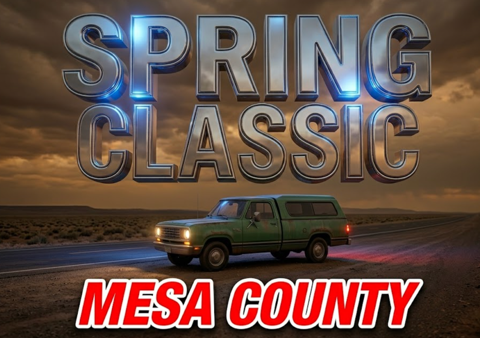 A viral, hyper-realistic YouTube thumbnail with a tense, urgent breaking-news atmosphere. The background is a vast western Colorado desert highway stretching into the distance under a dramatic overcast sky with deep amber and grey tones, with emergency blue and red light reflections subtly bouncing off the asphalt. The composition uses a low angle to focus on the main subject: a weathered green pickup truck with a matching camper shell parked alone on the shoulder of the empty highway, its headlights glowing faintly in the dim light. Image size should be 3:2. The image features massive 3D typography with strict hierarchy: The Primary Text reads exactly: 'SILVER ALERT'. This text is massive, the largest element in the frame, rendered in reflective chrome with sharp blue emergency-light highlights to look like a high-budget 3D render. The Secondary Text reads exactly: 'MESA COUNTY'. This text is significantly smaller, positioned below the main text. It features a thick, bright red border and outline in a sticker style to contrast sharply against the moody background. The text materials correspond to the story's urgent, life-at-stake concept. Crucial Instruction: There is absolutely NO other text, numbers, watermarks, or subtitles in this image other than these two specific lines. 8k, Unreal Engine 5, cinematic render.