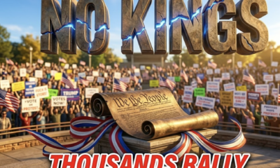 A viral, hyper-realistic YouTube thumbnail with a civic protest atmosphere charged with patriotic energy. The background is a sprawling outdoor park amphitheater filled with a sea of blurred protest signs and American flags under a bright Colorado blue sky with dramatic golden-hour sunlight casting long shadows. The composition uses a low angle to focus on the main subject: a massive bronze-textured replica of the U.S. Constitution scroll unfurling dramatically, placed on a stone pedestal with red, white, and blue ribbons swirling around it. Image size should be 3:2. The image features massive 3D typography with strict hierarchy: The Primary Text reads exactly: 'NO KINGS'. This text is massive, the largest element in the frame, rendered in weathered bronze and stone material with patriotic cracks revealing glowing blue light underneath, to look like a high-budget 3D render. The Secondary Text reads exactly: 'THOUSANDS RALLY'. This text is significantly smaller, positioned below the main text. It features a thick bright red border and white outline in a sticker style to contrast sharply against the golden-lit background. The text materials correspond to the story's concept of democratic resistance and civic power. Crucial Instruction: There is absolutely NO other text, numbers, watermarks, or subtitles in this image other than these two specific lines. 8k, Unreal Engine 5, cinematic render