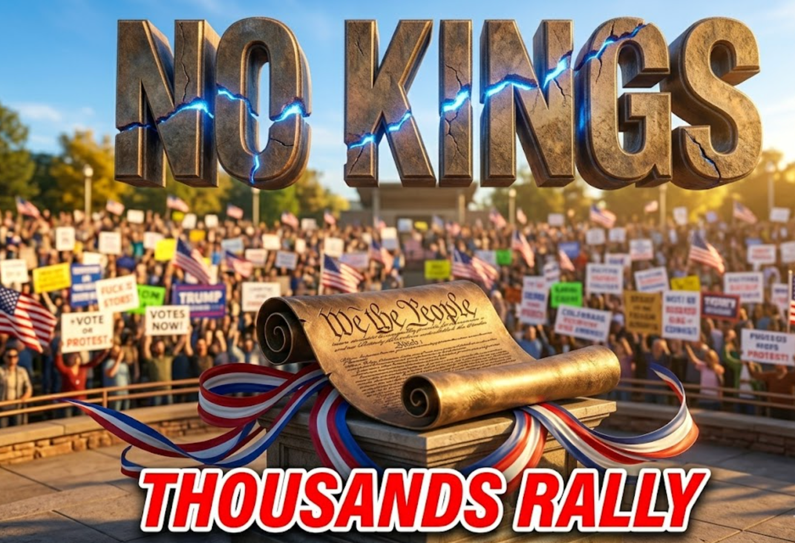 A viral, hyper-realistic YouTube thumbnail with a civic protest atmosphere charged with patriotic energy. The background is a sprawling outdoor park amphitheater filled with a sea of blurred protest signs and American flags under a bright Colorado blue sky with dramatic golden-hour sunlight casting long shadows. The composition uses a low angle to focus on the main subject: a massive bronze-textured replica of the U.S. Constitution scroll unfurling dramatically, placed on a stone pedestal with red, white, and blue ribbons swirling around it. Image size should be 3:2. The image features massive 3D typography with strict hierarchy: The Primary Text reads exactly: 'NO KINGS'. This text is massive, the largest element in the frame, rendered in weathered bronze and stone material with patriotic cracks revealing glowing blue light underneath, to look like a high-budget 3D render. The Secondary Text reads exactly: 'THOUSANDS RALLY'. This text is significantly smaller, positioned below the main text. It features a thick bright red border and white outline in a sticker style to contrast sharply against the golden-lit background. The text materials correspond to the story's concept of democratic resistance and civic power. Crucial Instruction: There is absolutely NO other text, numbers, watermarks, or subtitles in this image other than these two specific lines. 8k, Unreal Engine 5, cinematic render