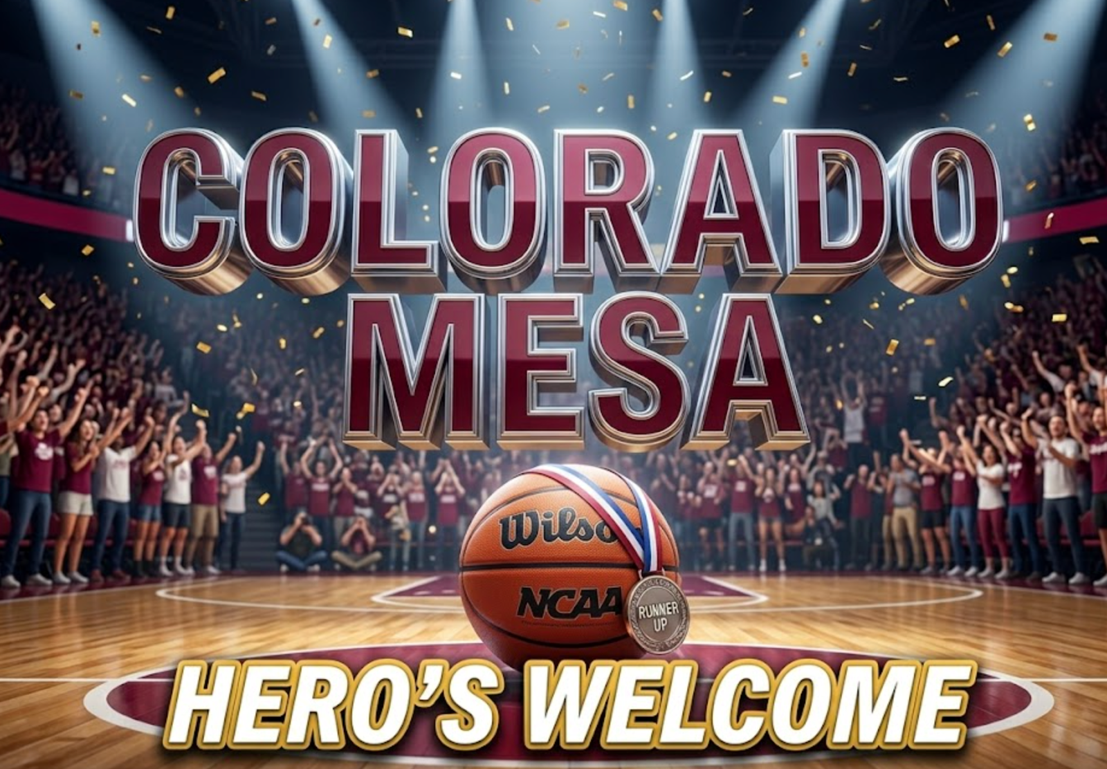A viral, hyper-realistic YouTube thumbnail with a Sports kinetic energy atmosphere. The background is a packed college basketball arena bathed in deep maroon and white school colors with golden confetti frozen mid-air and dramatic spotlight beams cutting through arena haze. The composition uses a Low Angle shot to focus on the main subject: a gleaming NCAA basketball resting on center court with a runner-up medal draped over it, reflecting arena lights. Image size should be 3:2. The image features massive 3D typography with strict hierarchy: The Primary Text reads exactly: 'COLORADO MESA'. This text is massive, the largest element in the frame, rendered in polished chrome with maroon metallic accents to look like a high-budget 3D render. The Secondary Text reads exactly: 'HERO'S WELCOME'. This text is significantly smaller, positioned below the main text. It features a thick, glowing gold border and outline in a sticker style with a matte white fill to contrast against the dark arena background. The text materials correspond to the story's concept of triumph and community pride. Crucial Instruction: There is absolutely NO other text, numbers, watermarks, or subtitles in this image other than these two specific lines. 8k, Unreal Engine 5, cinematic rende