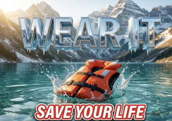 A viral, hyper-realistic YouTube thumbnail with a dramatic outdoor survival atmosphere. The background is a stunning Colorado mountain lake with snow-capped peaks under a bright sunny sky, with cold turquoise water glistening under golden hour lighting. The composition uses a low angle to focus on the main subject: a bright orange life jacket floating on the surface of the crystal-clear cold lake water, with water droplets splashing around it. Image size should be 3:2. The image features massive 3D typography with strict hierarchy: The Primary Text reads exactly: 'WEAR IT'. This text is massive, the largest element in the frame, rendered in bold reflective chrome with water-splash effects to look like a high-budget 3D render. The Secondary Text reads exactly: 'SAVE YOUR LIFE'. This text is significantly smaller, positioned below the main text. It features a thick, bright red border/outline in sticker style to contrast against the blue-green water background. The text materials correspond to the story's concept. Crucial Instruction: There is absolutely NO other text, numbers, watermarks, or subtitles in this image other than these two specific lines. 8k, Unreal Engine 5, cinematic render