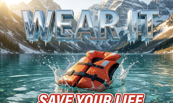 A viral, hyper-realistic YouTube thumbnail with a dramatic outdoor survival atmosphere. The background is a stunning Colorado mountain lake with snow-capped peaks under a bright sunny sky, with cold turquoise water glistening under golden hour lighting. The composition uses a low angle to focus on the main subject: a bright orange life jacket floating on the surface of the crystal-clear cold lake water, with water droplets splashing around it. Image size should be 3:2. The image features massive 3D typography with strict hierarchy: The Primary Text reads exactly: 'WEAR IT'. This text is massive, the largest element in the frame, rendered in bold reflective chrome with water-splash effects to look like a high-budget 3D render. The Secondary Text reads exactly: 'SAVE YOUR LIFE'. This text is significantly smaller, positioned below the main text. It features a thick, bright red border/outline in sticker style to contrast against the blue-green water background. The text materials correspond to the story's concept. Crucial Instruction: There is absolutely NO other text, numbers, watermarks, or subtitles in this image other than these two specific lines. 8k, Unreal Engine 5, cinematic render