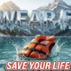 A viral, hyper-realistic YouTube thumbnail with a dramatic outdoor survival atmosphere. The background is a stunning Colorado mountain lake with snow-capped peaks under a bright sunny sky, with cold turquoise water glistening under golden hour lighting. The composition uses a low angle to focus on the main subject: a bright orange life jacket floating on the surface of the crystal-clear cold lake water, with water droplets splashing around it. Image size should be 3:2. The image features massive 3D typography with strict hierarchy: The Primary Text reads exactly: 'WEAR IT'. This text is massive, the largest element in the frame, rendered in bold reflective chrome with water-splash effects to look like a high-budget 3D render. The Secondary Text reads exactly: 'SAVE YOUR LIFE'. This text is significantly smaller, positioned below the main text. It features a thick, bright red border/outline in sticker style to contrast against the blue-green water background. The text materials correspond to the story's concept. Crucial Instruction: There is absolutely NO other text, numbers, watermarks, or subtitles in this image other than these two specific lines. 8k, Unreal Engine 5, cinematic render
