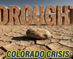 A viral, hyper-realistic YouTube thumbnail with a desolate and dusty atmosphere. The background is a vast, sun-baked landscape of cracked mud where a river used to flow with harsh, intense sunlight casting deep shadows. The composition uses a low angle to focus on the main subject: a highly detailed, deeply weathered, smooth river stone resting alone on the parched earth. Image size should be 3:2. The image features massive 3D typography with strict hierarchy: The Primary Text reads exactly: 'DROUGHT'. This text is massive, the largest element in the frame, rendered in cracked, dried terracotta clay to look like a high-budget 3D render. The Secondary Text reads exactly: 'COLORADO CRISIS'. This text is significantly smaller, positioned below the main text. It features a thick, bright yellow color border to contrast against the background. Make sure text 2 is always different theme, style, effect and border compared to text 1. The text materials correspond to the story's concept. Crucial Instruction: There is absolutely NO other text, numbers, watermarks, or subtitles in this image other than these two specific lines. 8k, Unreal Engine 5, cinematic render.