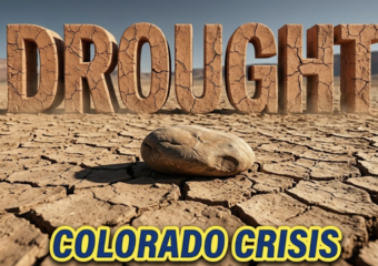 A viral, hyper-realistic YouTube thumbnail with a desolate and dusty atmosphere. The background is a vast, sun-baked landscape of cracked mud where a river used to flow with harsh, intense sunlight casting deep shadows. The composition uses a low angle to focus on the main subject: a highly detailed, deeply weathered, smooth river stone resting alone on the parched earth. Image size should be 3:2. The image features massive 3D typography with strict hierarchy: The Primary Text reads exactly: 'DROUGHT'. This text is massive, the largest element in the frame, rendered in cracked, dried terracotta clay to look like a high-budget 3D render. The Secondary Text reads exactly: 'COLORADO CRISIS'. This text is significantly smaller, positioned below the main text. It features a thick, bright yellow color border to contrast against the background. Make sure text 2 is always different theme, style, effect and border compared to text 1. The text materials correspond to the story's concept. Crucial Instruction: There is absolutely NO other text, numbers, watermarks, or subtitles in this image other than these two specific lines. 8k, Unreal Engine 5, cinematic render.