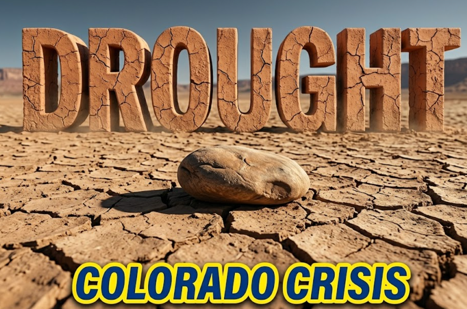 A viral, hyper-realistic YouTube thumbnail with a desolate and dusty atmosphere. The background is a vast, sun-baked landscape of cracked mud where a river used to flow with harsh, intense sunlight casting deep shadows. The composition uses a low angle to focus on the main subject: a highly detailed, deeply weathered, smooth river stone resting alone on the parched earth. Image size should be 3:2.
The image features massive 3D typography with strict hierarchy:
The Primary Text reads exactly: 'DROUGHT'. This text is massive, the largest element in the frame, rendered in cracked, dried terracotta clay to look like a high-budget 3D render.
The Secondary Text reads exactly: 'COLORADO CRISIS'. This text is significantly smaller, positioned below the main text. It features a thick, bright yellow color border to contrast against the background. Make sure text 2 is always different theme, style, effect and border compared to text 1.
The text materials correspond to the story's concept. Crucial Instruction: There is absolutely NO other text, numbers, watermarks, or subtitles in this image other than these two specific lines. 8k, Unreal Engine 5, cinematic render.