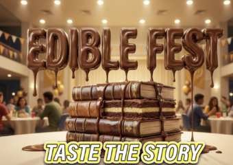 A viral, hyper-realistic YouTube thumbnail with a colorful and appetizing culinary atmosphere. The background is a bright college event hall with warm overhead lighting. The composition uses a macro camera angle to focus on the main subject: a detailed faceless stack of classic books made entirely out of rich cake and glossy frosting. Image size should be 3:2. The image features massive 3D typography with strict hierarchy: The Primary Text reads exactly: 'EDIBLE FEST'. This text is massive, the largest element in the frame, rendered in glossy melted chocolate material to look like a high-budget 3D render. The Secondary Text reads exactly: 'TASTE THE STORY'. This text is significantly smaller, positioned below or next to the main text. It features a thick, distinct bright yellow outline sticker style to contrast against the background. Make sure text 2 is always different theme, style, effect and border compared to text 1. The text materials correspond to the story's concept. Crucial Instruction: There is absolutely NO other text, numbers, watermarks, or subtitles in this image other than these two specific lines. 8k, Unreal Engine 5, cinematic render.