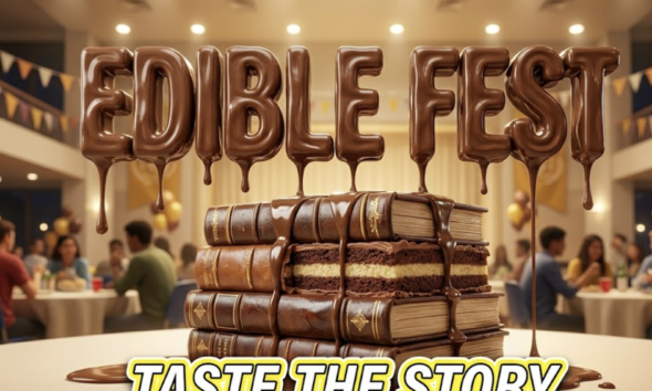 A viral, hyper-realistic YouTube thumbnail with a colorful and appetizing culinary atmosphere. The background is a bright college event hall with warm overhead lighting. The composition uses a macro camera angle to focus on the main subject: a detailed faceless stack of classic books made entirely out of rich cake and glossy frosting. Image size should be 3:2. The image features massive 3D typography with strict hierarchy: The Primary Text reads exactly: 'EDIBLE FEST'. This text is massive, the largest element in the frame, rendered in glossy melted chocolate material to look like a high-budget 3D render. The Secondary Text reads exactly: 'TASTE THE STORY'. This text is significantly smaller, positioned below or next to the main text. It features a thick, distinct bright yellow outline sticker style to contrast against the background. Make sure text 2 is always different theme, style, effect and border compared to text 1. The text materials correspond to the story's concept. Crucial Instruction: There is absolutely NO other text, numbers, watermarks, or subtitles in this image other than these two specific lines. 8k, Unreal Engine 5, cinematic render.