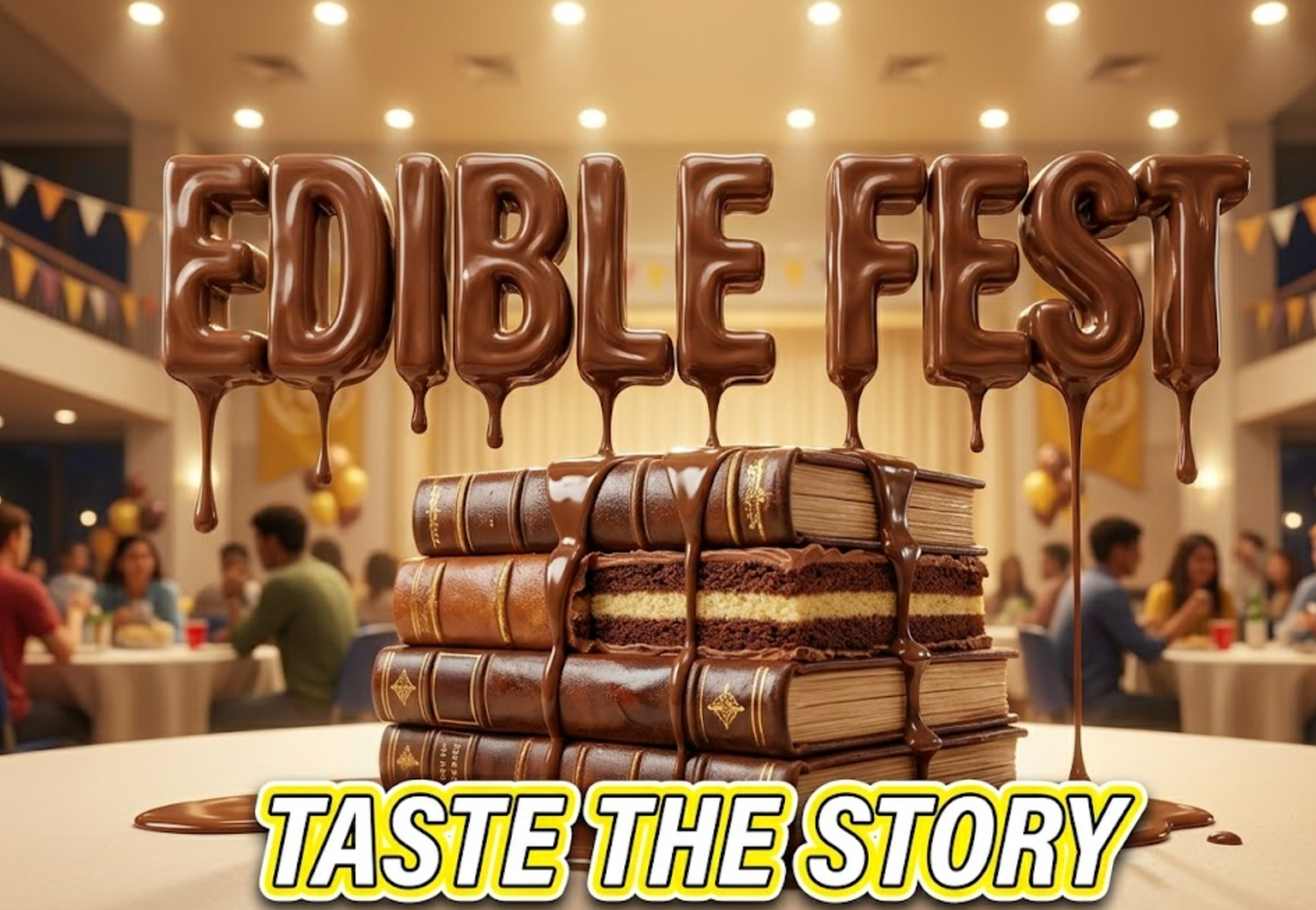 A viral, hyper-realistic YouTube thumbnail with a colorful and appetizing culinary atmosphere. The background is a bright college event hall with warm overhead lighting. The composition uses a macro camera angle to focus on the main subject: a detailed faceless stack of classic books made entirely out of rich cake and glossy frosting. Image size should be 3:2.
The image features massive 3D typography with strict hierarchy:
The Primary Text reads exactly: 'EDIBLE FEST'. This text is massive, the largest element in the frame, rendered in glossy melted chocolate material to look like a high-budget 3D render.
The Secondary Text reads exactly: 'TASTE THE STORY'. This text is significantly smaller, positioned below or next to the main text. It features a thick, distinct bright yellow outline sticker style to contrast against the background. Make sure text 2 is always different theme, style, effect and border compared to text 1.
The text materials correspond to the story's concept. Crucial Instruction: There is absolutely NO other text, numbers, watermarks, or subtitles in this image other than these two specific lines. 8k, Unreal Engine 5, cinematic render.