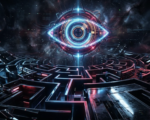 A hyper detailed cinematic shot of a glowing digital eye suspended above a fractured modern maze. The scene uses abstract geometric shapes resembling shopping aisles dissolving into dark shadows. Vivid neon blue and deep crimson lights cast dramatic high contrast reflections on sleek polished surfaces. Metaphorical representations of surveillance and shattered privacy fill the background with swirling cosmic dust and subtle glitch effects. 8K resolution, surreal cyberpunk atmosphere, epic mystery, striking visual magnetism without any human figures or text.