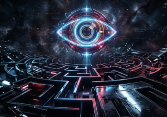 A hyper detailed cinematic shot of a glowing digital eye suspended above a fractured modern maze. The scene uses abstract geometric shapes resembling shopping aisles dissolving into dark shadows. Vivid neon blue and deep crimson lights cast dramatic high contrast reflections on sleek polished surfaces. Metaphorical representations of surveillance and shattered privacy fill the background with swirling cosmic dust and subtle glitch effects. 8K resolution, surreal cyberpunk atmosphere, epic mystery, striking visual magnetism without any human figures or text.