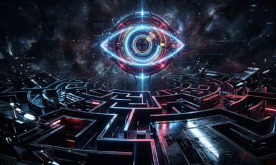 A hyper detailed cinematic shot of a glowing digital eye suspended above a fractured modern maze. The scene uses abstract geometric shapes resembling shopping aisles dissolving into dark shadows. Vivid neon blue and deep crimson lights cast dramatic high contrast reflections on sleek polished surfaces. Metaphorical representations of surveillance and shattered privacy fill the background with swirling cosmic dust and subtle glitch effects. 8K resolution, surreal cyberpunk atmosphere, epic mystery, striking visual magnetism without any human figures or text.