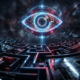 A hyper detailed cinematic shot of a glowing digital eye suspended above a fractured modern maze. The scene uses abstract geometric shapes resembling shopping aisles dissolving into dark shadows. Vivid neon blue and deep crimson lights cast dramatic high contrast reflections on sleek polished surfaces. Metaphorical representations of surveillance and shattered privacy fill the background with swirling cosmic dust and subtle glitch effects. 8K resolution, surreal cyberpunk atmosphere, epic mystery, striking visual magnetism without any human figures or text.
