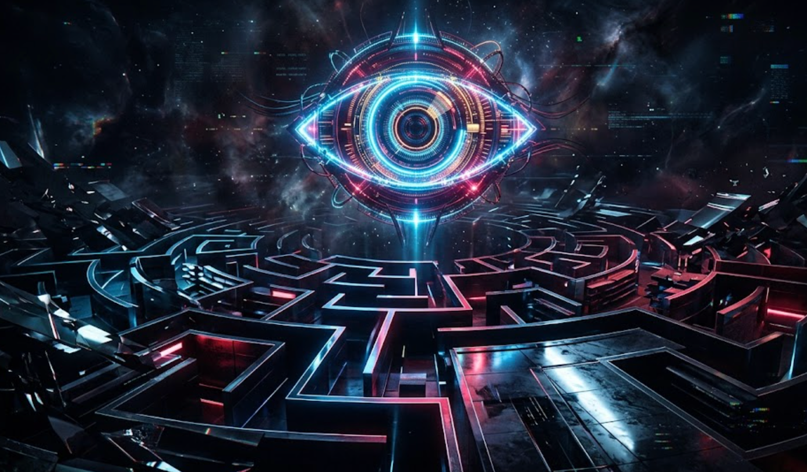 A hyper detailed cinematic shot of a glowing digital eye suspended above a fractured modern maze. The scene uses abstract geometric shapes resembling shopping aisles dissolving into dark shadows. Vivid neon blue and deep crimson lights cast dramatic high contrast reflections on sleek polished surfaces. Metaphorical representations of surveillance and shattered privacy fill the background with swirling cosmic dust and subtle glitch effects. 8K resolution, surreal cyberpunk atmosphere, epic mystery, striking visual magnetism without any human figures or text.