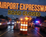 A viral, hyper-realistic YouTube thumbnail with a kinetic automotive atmosphere. The background is a deeply detailed construction zone highway at dusk with bright orange glowing warning lights. The composition uses a dramatic Dutch Angle to focus on the main subject: a highly detailed faceless illuminated traffic barricade drum. Image size should be 3:2. The image features massive 3D typography with strict hierarchy: The Primary Text reads exactly: 'AIRPORT EXPRESSWAY'. This text is massive, the largest element in the frame, rendered in glowing neon orange to look like a high-budget 3D render. The Secondary Text reads exactly: 'ROAD CLOSED'. This text is significantly smaller, positioned below the main text. It features a thick, distinct solid yellow color border to contrast against the background. The text materials correspond to the story's concept. Crucial Instruction: There is absolutely NO other text, numbers, watermarks, or subtitles in this image other than these two specific lines. 8k, Unreal Engine 5, cinematic render.