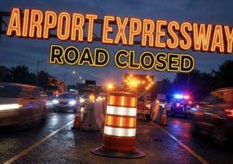 A viral, hyper-realistic YouTube thumbnail with a kinetic automotive atmosphere. The background is a deeply detailed construction zone highway at dusk with bright orange glowing warning lights. The composition uses a dramatic Dutch Angle to focus on the main subject: a highly detailed faceless illuminated traffic barricade drum. Image size should be 3:2. The image features massive 3D typography with strict hierarchy: The Primary Text reads exactly: 'AIRPORT EXPRESSWAY'. This text is massive, the largest element in the frame, rendered in glowing neon orange to look like a high-budget 3D render. The Secondary Text reads exactly: 'ROAD CLOSED'. This text is significantly smaller, positioned below the main text. It features a thick, distinct solid yellow color border to contrast against the background. The text materials correspond to the story's concept. Crucial Instruction: There is absolutely NO other text, numbers, watermarks, or subtitles in this image other than these two specific lines. 8k, Unreal Engine 5, cinematic render.