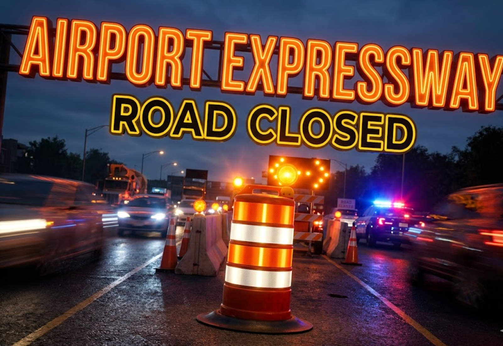 A viral, hyper-realistic YouTube thumbnail with a kinetic automotive atmosphere. The background is a deeply detailed construction zone highway at dusk with bright orange glowing warning lights. The composition uses a dramatic Dutch Angle to focus on the main subject: a highly detailed faceless illuminated traffic barricade drum. Image size should be 3:2. The image features massive 3D typography with strict hierarchy: The Primary Text reads exactly: 'AIRPORT EXPRESSWAY'. This text is massive, the largest element in the frame, rendered in glowing neon orange to look like a high-budget 3D render. The Secondary Text reads exactly: 'ROAD CLOSED'. This text is significantly smaller, positioned below the main text. It features a thick, distinct solid yellow color border to contrast against the background. The text materials correspond to the story's concept. Crucial Instruction: There is absolutely NO other text, numbers, watermarks, or subtitles in this image other than these two specific lines. 8k, Unreal Engine 5, cinematic render.