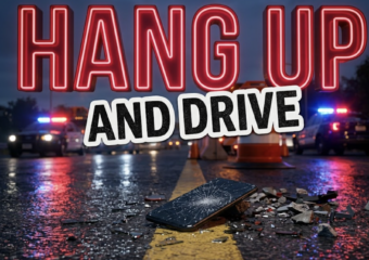 A viral, hyper-realistic YouTube thumbnail with a somber, public safety atmosphere. The background is a dimly lit American highway at dusk with flashing red and blue police lights reflecting off wet asphalt and a cracked smartphone lying face-up on the road. The composition uses a low angle to focus on the main subject: a shattered cell phone on the highway center line with glass fragments scattered around it, no human faces visible. Image size should be 3:2. The image features massive 3D typography with strict hierarchy: The Primary Text reads exactly: 'HANG UP'. This text is massive, the largest element in the frame, rendered in glowing crimson neon tubing to look like a high-budget 3D render. The Secondary Text reads exactly: 'AND DRIVE'. This text is significantly smaller, positioned below the main text. It features a thick white border outline in sticker style to contrast against the dark highway background. Make sure text 2 is always different theme, style, effect and border compared to text 1. The text materials correspond to the story's concept. Crucial Instruction: There is absolutely NO other text, numbers, watermarks, or subtitles in this image other than these two specific lines. 8k, Unreal Engine 5, cinematic render.