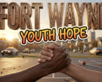 A viral, hyper-realistic YouTube thumbnail with a hopeful urban community atmosphere. The background is a Fort Wayne neighborhood street scene at golden hour with warm sunset lighting casting long shadows across basketball courts and community centers. The composition uses a low angle to focus on the main subject: a pair of diverse hands clasped together in a supportive handshake against the backdrop of the city skyline. Image size should be 3:2. The image features massive 3D typography with strict hierarchy: The Primary Text reads exactly: 'FORT WAYNE'. This text is massive, the largest element in the frame, rendered in metallic bronze with community-inspired engravings to look like a high-budget 3D render. The Secondary Text reads exactly: 'YOUTH HOPE'. This text is significantly smaller, positioned below the main text. It features a thick, vibrant orange and yellow gradient border/outline (sticker style) to contrast against the background. Make sure text 2 is always different theme, style, effect and border compared to text 1. The text materials correspond to the story's concept of community healing and prevention. Crucial Instruction: There is absolutely NO other text, numbers, watermarks, or subtitles in this image other than these two specific lines. 8k, Unreal Engine 5, cinematic render.