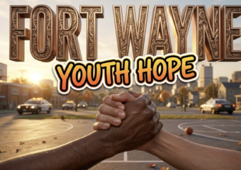 A viral, hyper-realistic YouTube thumbnail with a hopeful urban community atmosphere. The background is a Fort Wayne neighborhood street scene at golden hour with warm sunset lighting casting long shadows across basketball courts and community centers. The composition uses a low angle to focus on the main subject: a pair of diverse hands clasped together in a supportive handshake against the backdrop of the city skyline. Image size should be 3:2. The image features massive 3D typography with strict hierarchy: The Primary Text reads exactly: 'FORT WAYNE'. This text is massive, the largest element in the frame, rendered in metallic bronze with community-inspired engravings to look like a high-budget 3D render. The Secondary Text reads exactly: 'YOUTH HOPE'. This text is significantly smaller, positioned below the main text. It features a thick, vibrant orange and yellow gradient border/outline (sticker style) to contrast against the background. Make sure text 2 is always different theme, style, effect and border compared to text 1. The text materials correspond to the story's concept of community healing and prevention. Crucial Instruction: There is absolutely NO other text, numbers, watermarks, or subtitles in this image other than these two specific lines. 8k, Unreal Engine 5, cinematic render.