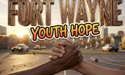 A viral, hyper-realistic YouTube thumbnail with a hopeful urban community atmosphere. The background is a Fort Wayne neighborhood street scene at golden hour with warm sunset lighting casting long shadows across basketball courts and community centers. The composition uses a low angle to focus on the main subject: a pair of diverse hands clasped together in a supportive handshake against the backdrop of the city skyline. Image size should be 3:2. The image features massive 3D typography with strict hierarchy: The Primary Text reads exactly: 'FORT WAYNE'. This text is massive, the largest element in the frame, rendered in metallic bronze with community-inspired engravings to look like a high-budget 3D render. The Secondary Text reads exactly: 'YOUTH HOPE'. This text is significantly smaller, positioned below the main text. It features a thick, vibrant orange and yellow gradient border/outline (sticker style) to contrast against the background. Make sure text 2 is always different theme, style, effect and border compared to text 1. The text materials correspond to the story's concept of community healing and prevention. Crucial Instruction: There is absolutely NO other text, numbers, watermarks, or subtitles in this image other than these two specific lines. 8k, Unreal Engine 5, cinematic render.